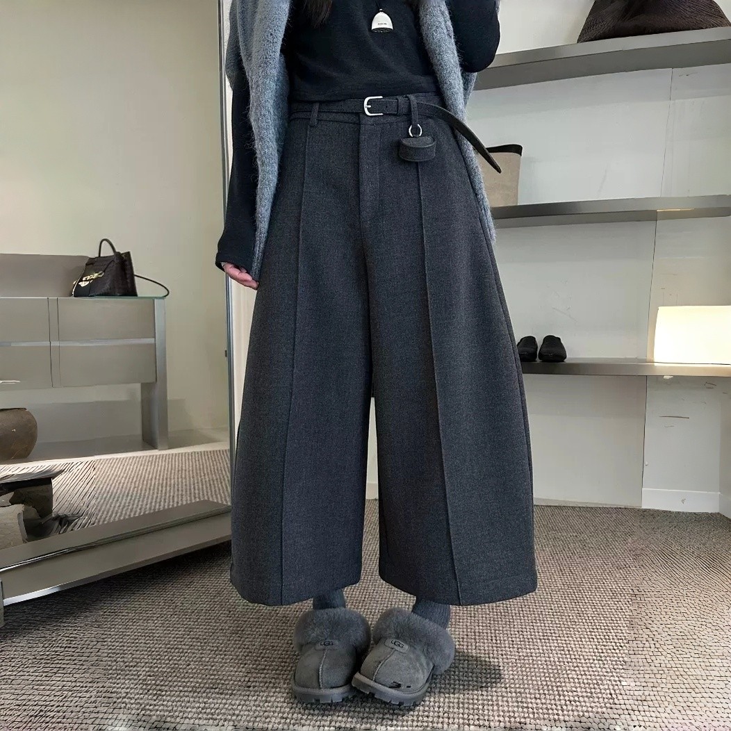 欧货时尚冬季新款高腰显瘦女减龄加厚加绒毛呢灰色慵懒阔腿八分裤