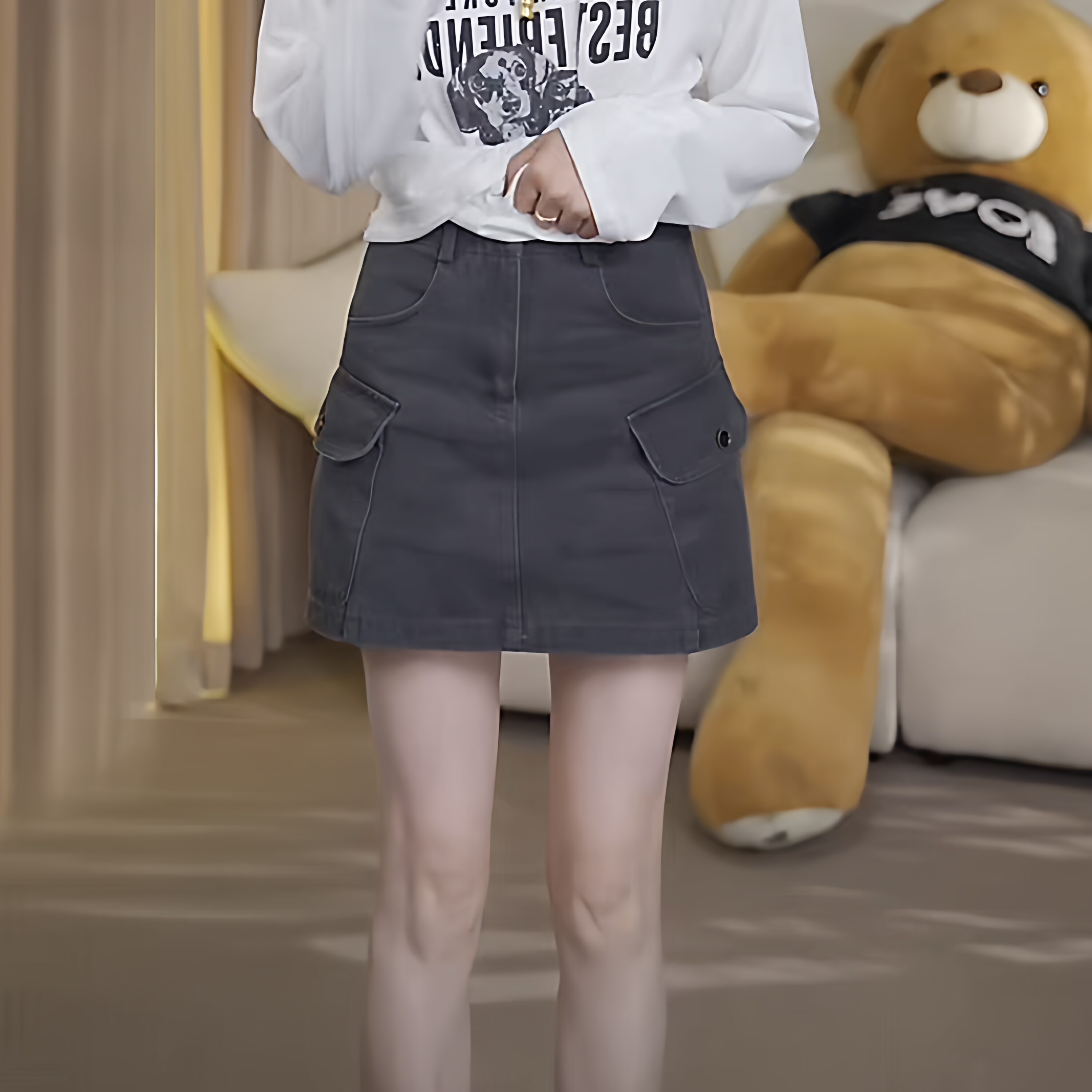韩系时尚新款复古高腰显瘦灰棕色工装通勤流苏腰带半身短裙女减龄