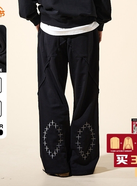 LOADMIND美式复古休闲卫裤弯刀刺绣长裤宽松阔腿直筒百搭裤子男潮