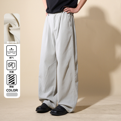 灰色薄褶皱美式直筒西裤垂坠感