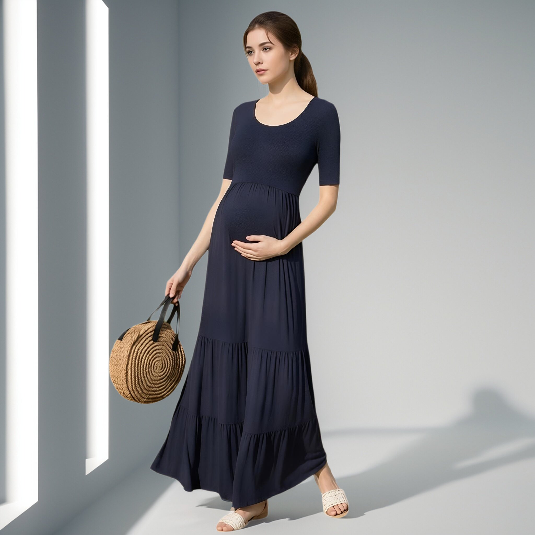欧美孕妇孕后期短袖哺乳礼服长裙