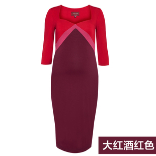 欧美孕妇装新款性感V领孕妇连衣裙子秋天撞色中袖孕妇裙高端拼色