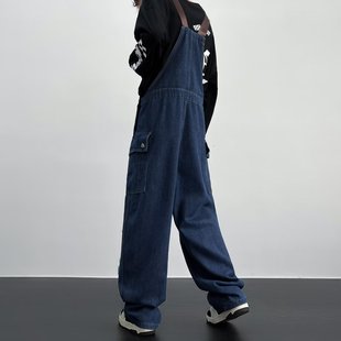 男生春秋季新款宽松直筒背带裤宽松直筒个性小众青春潮流牛仔裤