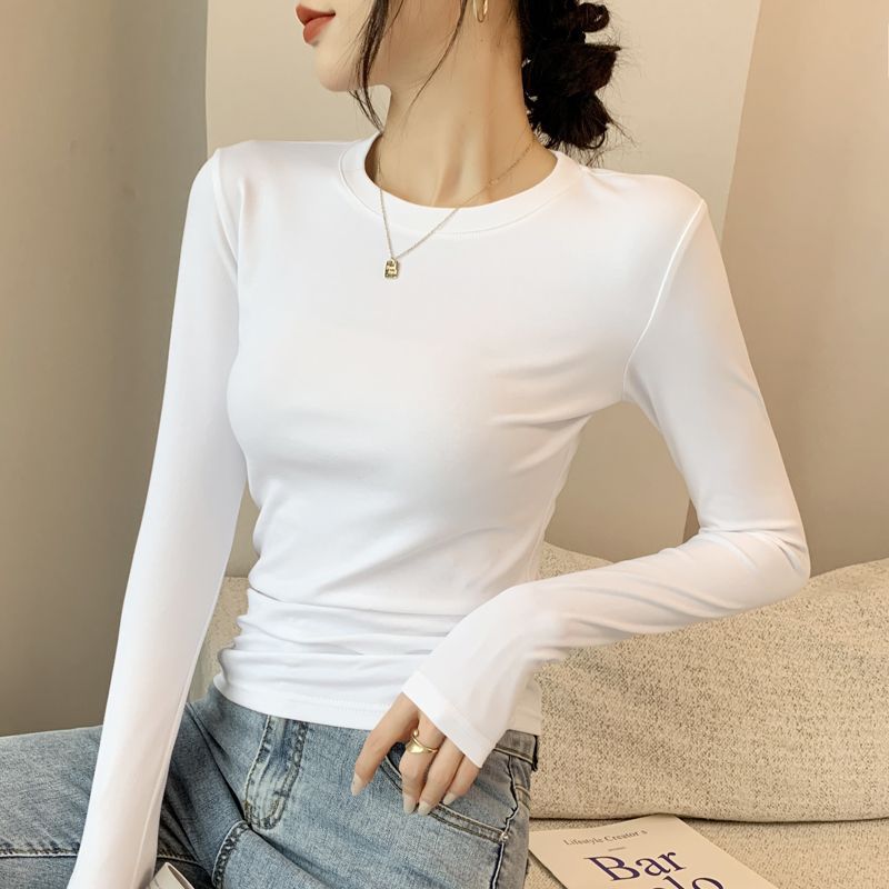 白色打底衫女2025秋冬新款圆领纯色长袖t恤修身内搭上衣春秋款