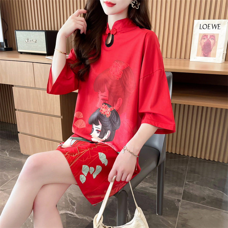 【包邮】设计感裙子款改良旗袍复古伴娘服连衣裙中长款短袖恤女