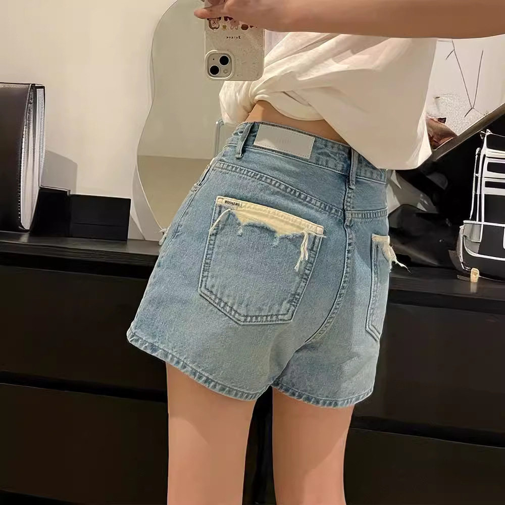 夏季入！设计感牛仔短裤女！！新款高腰磨破口袋字阔腿热裤子