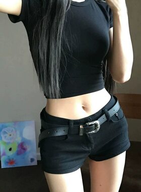黑色低腰牛仔超短裤女夏包臀轻亚文化热裤美式辣妹弹力裤子潮