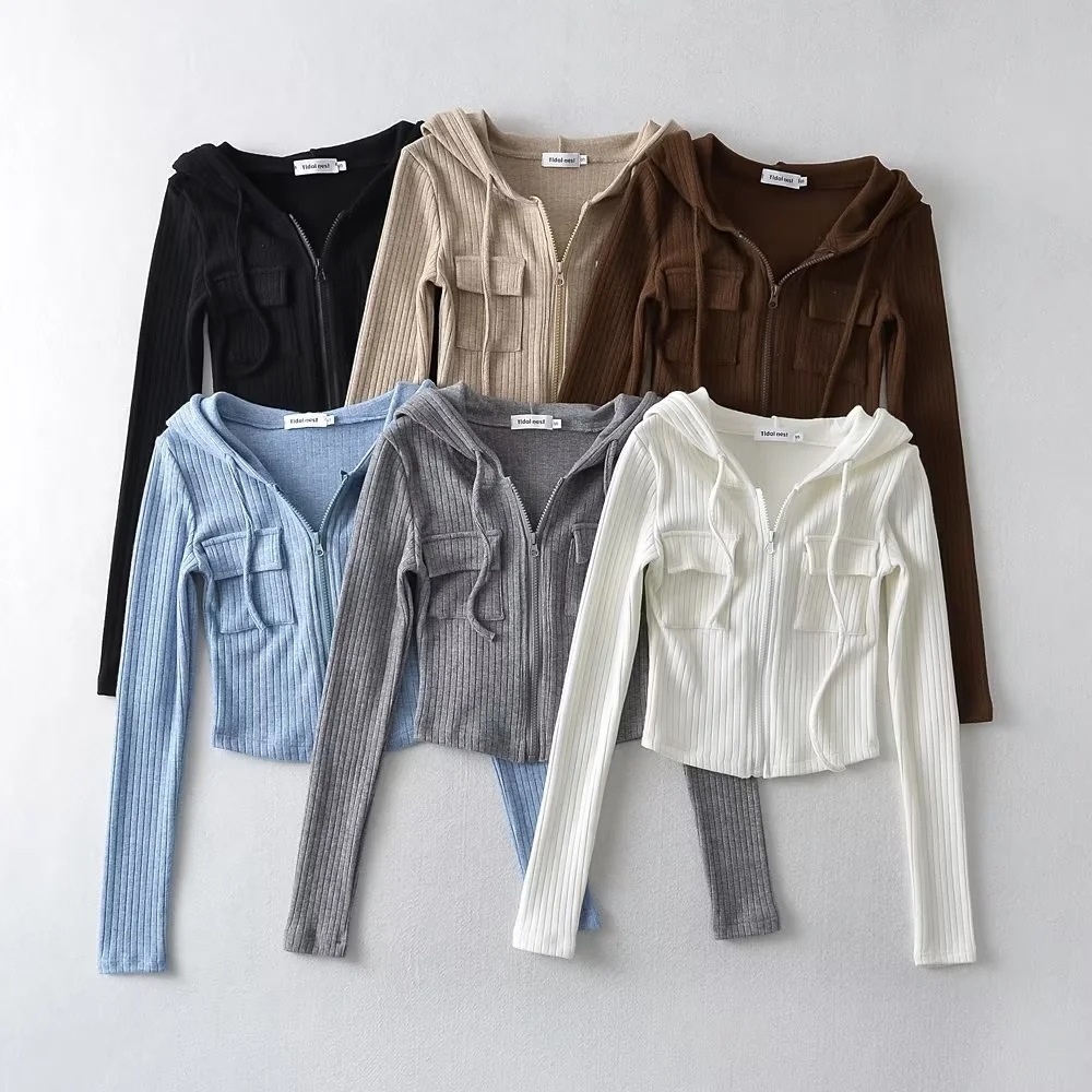 2022秋新款辣妹弹力修身加厚坑条针织T恤上衣女短款紧身连帽开衫