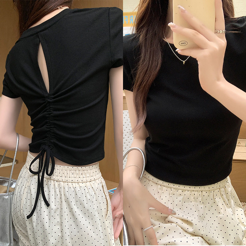 纯欲风正肩显瘦T恤女圆领短袖小心机设计感露背镂空抽绳上衣夏