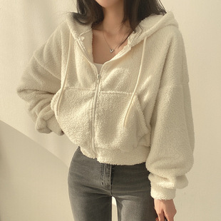 羊羔毛白色连帽卫衣女秋冬加绒加厚宽松开衫短款外套上衣