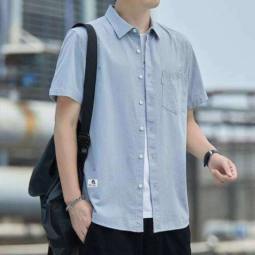 夏季新款纯棉短袖衬衫男士工装纯色衬衣薄款外套休闲上衣宽松潮流