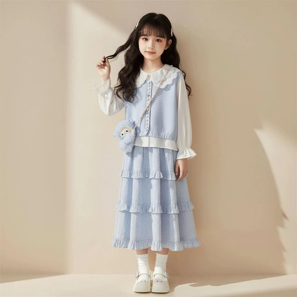 儿童套装女童秋季甜美风娃娃领花边蛋糕裙三件套休闲套装2026新款