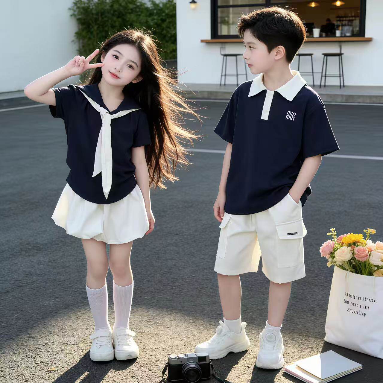 运动套装藏青色儿童学院风夏季套装男女童洋气POLO衫两件套兄妹装