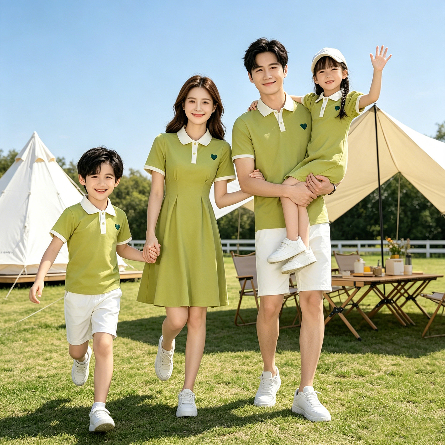 夏季POLO领度假亲子绿心连衣裙