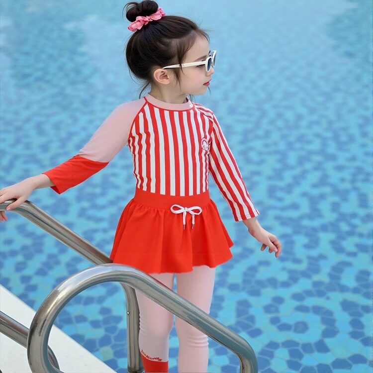 分体泳衣中小童韩版儿童泳衣女童条纹长袖分体泳裤红色防晒游泳衣