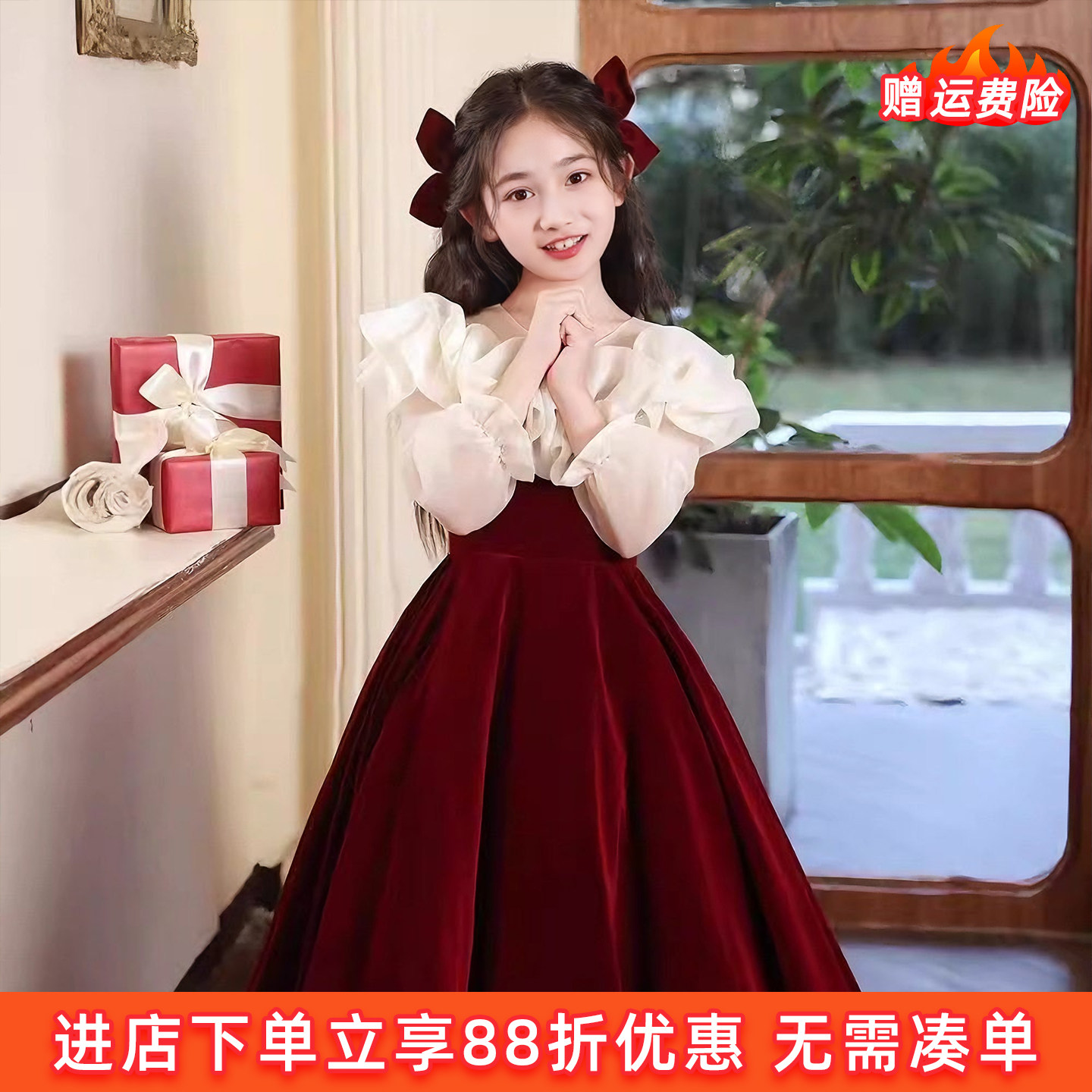 女童红色灯笼袖公主演出礼服裙图片