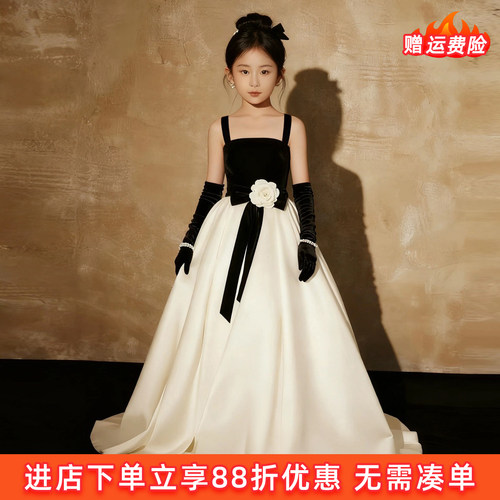 女童赫本风黑白拼色网纱礼服