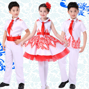 儿童大合唱中小新学生礼服女童蓬蓬红领巾纱裙少儿歌颂朗读演出服