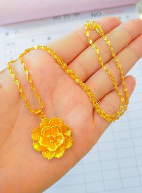 足金项链24k黄金牡丹花吊坠项链