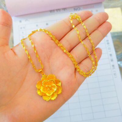 足金项链24k黄金牡丹花吊坠项链