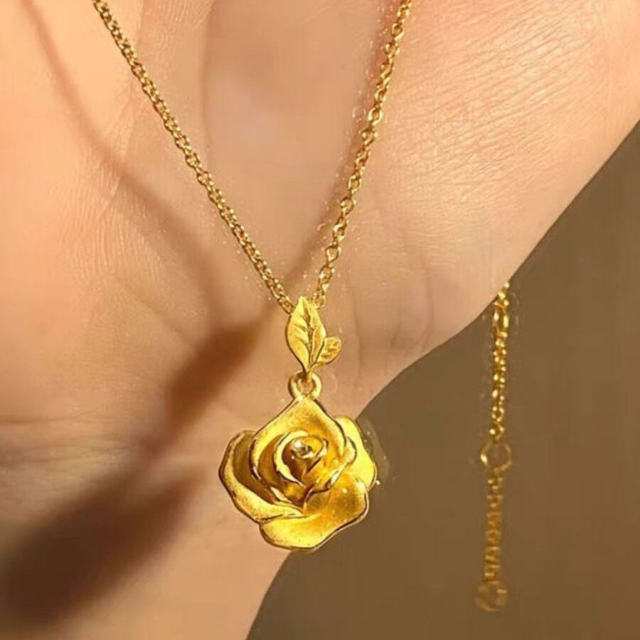 正品黄金项链24k足金玫瑰花项链轻奢金包银花朵吊坠小众送女友