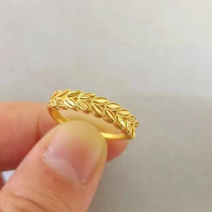 正品足金999戒指24k黄金麦穗纹戒指女金包银开口指环时尚百搭送礼