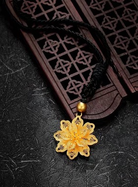 999黄金24k足金花丝莲花吊坠复古