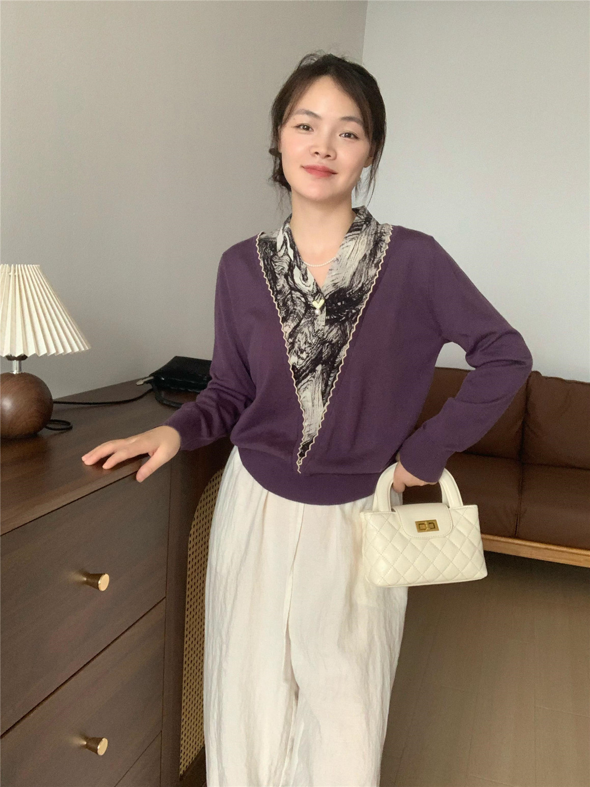 中年妈妈秋装假两件上衣中老年人女装长袖领结针织衫夏装2024新款