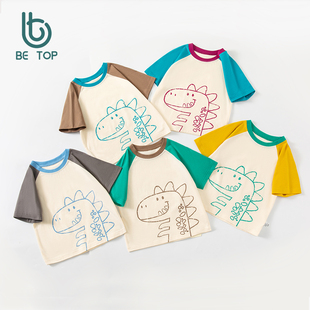 top童装 T恤男宝宝笔画恐龙上衣拼袖 夏季 儿童卡通短袖 打底 新款
