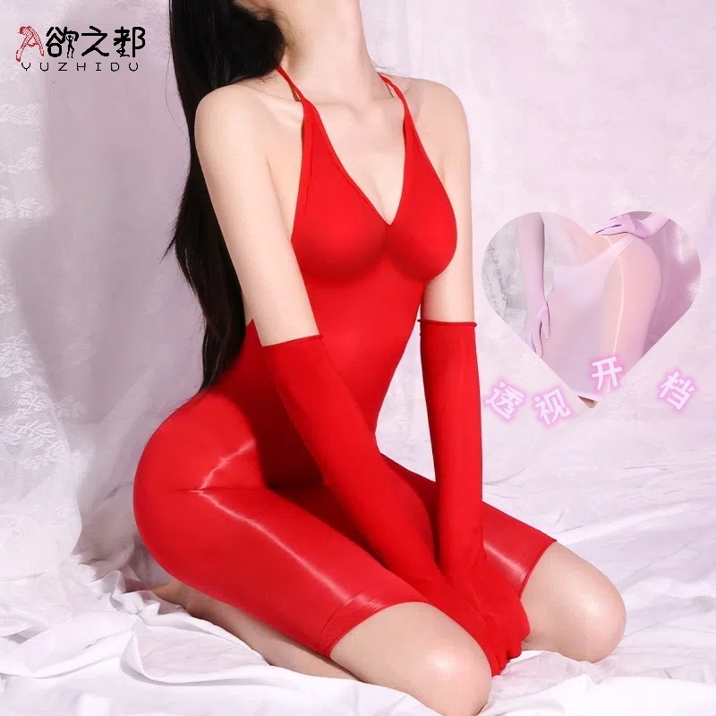 性感伪娘连衣裙紧身绑带挂脖包臀吊带透视超薄露背透明丝袜全身