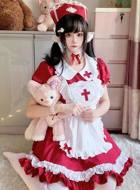 日系伪娘连衣裙酒红十字架女仆套装男娘可爱漫展女装大佬cos用品