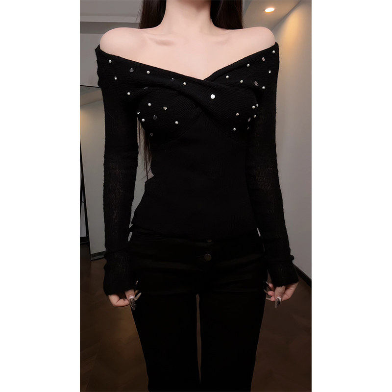 【Carrive宋肉肉】辣妹性感一字肩V领亮片扭结长袖针织衫打底上衣,女装/女士精品,毛针织衫,淘宝优惠券,粉丝福利购,淘宝优惠卷