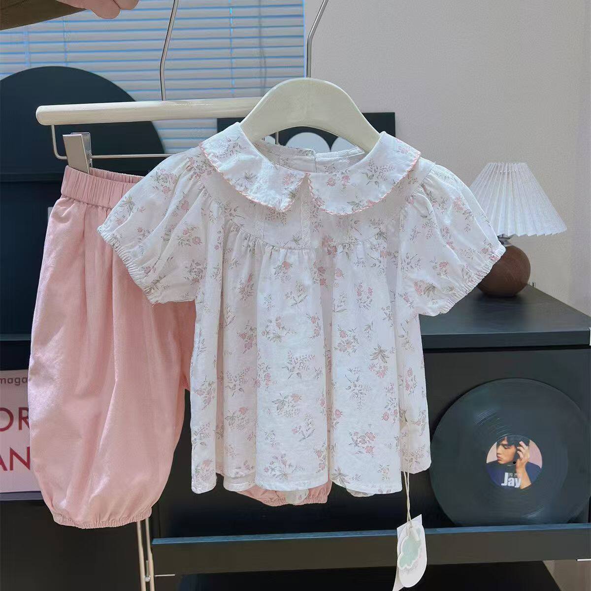 女童短袖套装衬衫七分裤夏装新款女宝宝时尚韩版碎花娃娃衫灯笼裤