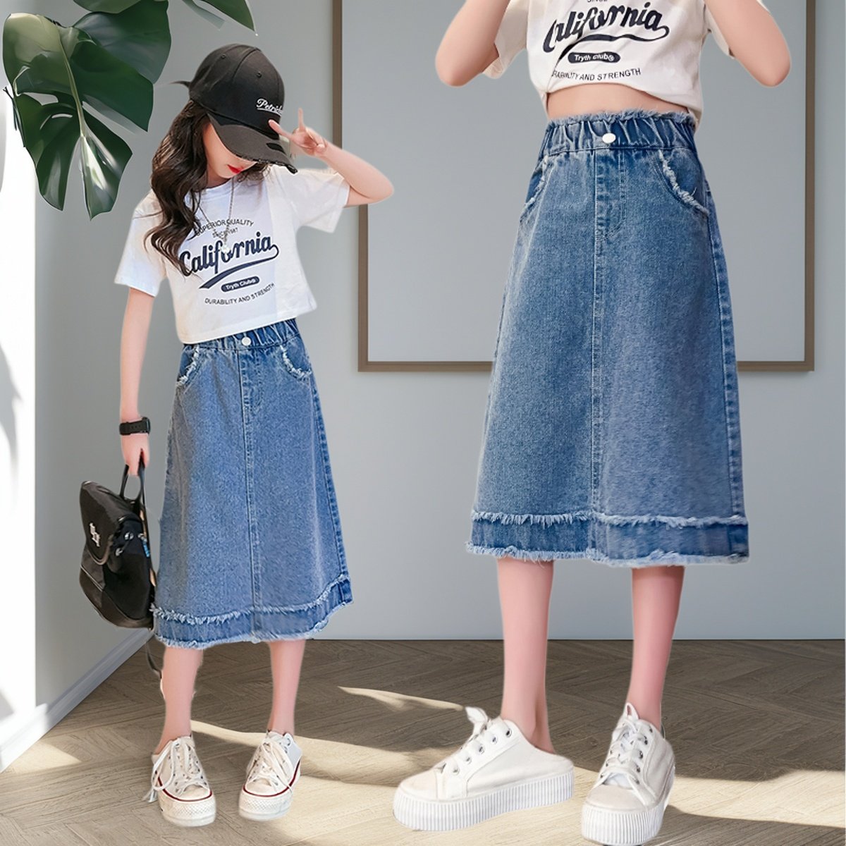 女童半身裙夏季新款时尚休闲风毛边牛仔裙学生女孩洋气裙子春夏装