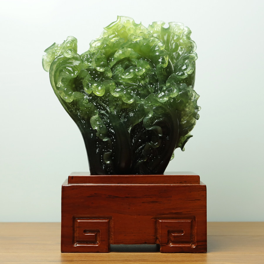 尚品美格 天然岫玉180料摆件 深绿原石精雕招财白菜开业礼品ea118