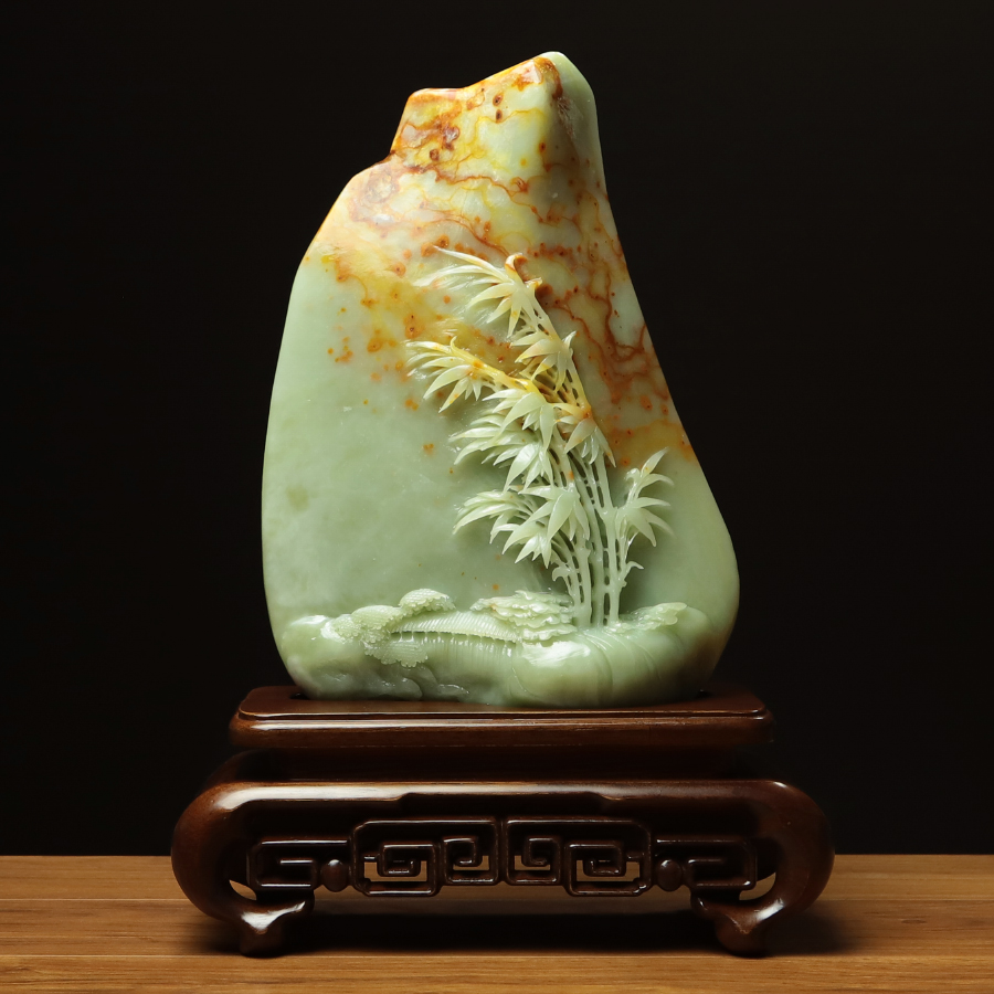 尚品美格 天然玉石岫玉摆件花玉原石原色精雕玉竹山水节节高EA785