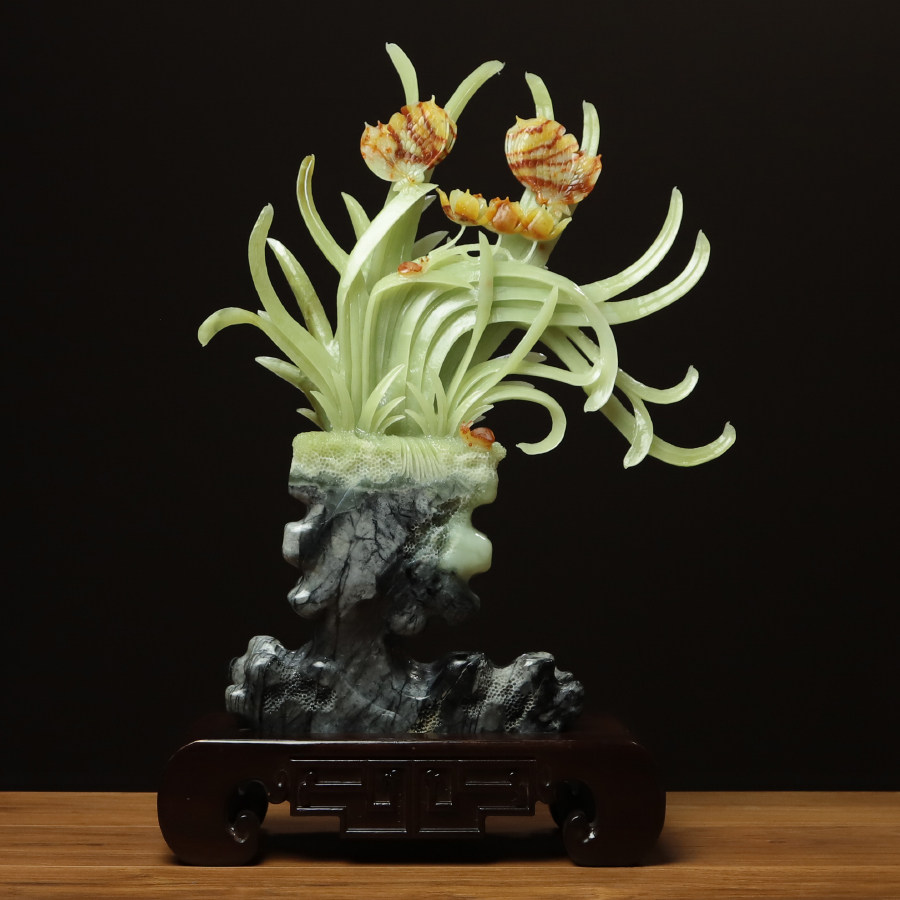 尚品美格 天然玉石岫玉摆件 精品花玉原色雕刻兰花 空谷幽兰EA794