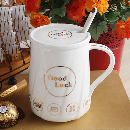 创意个性可爱陶瓷杯子水杯情侣马克杯咖啡牛奶杯带盖勺活动礼品