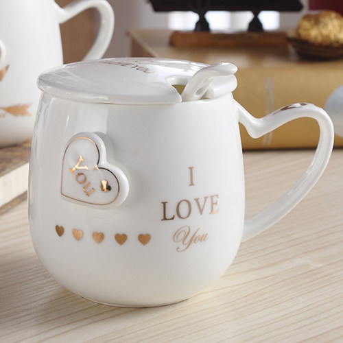 创意个性可爱陶瓷杯子水杯情侣马克杯咖啡牛奶杯带盖勺活动礼品