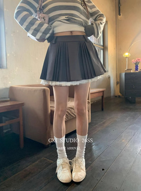 春季半身裙女设计感压褶百褶裙低腰蓬蓬裙纯欲蕾丝边A字短裙