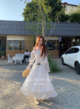 韩系雪纺吊带连衣裙女春季新款低腰露肩飘飘大摆中长碎花裙子