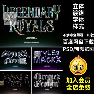 3d镀铬字体样式3D嘻哈图层样机效果金属镀铬字体样式P立体PSD文字