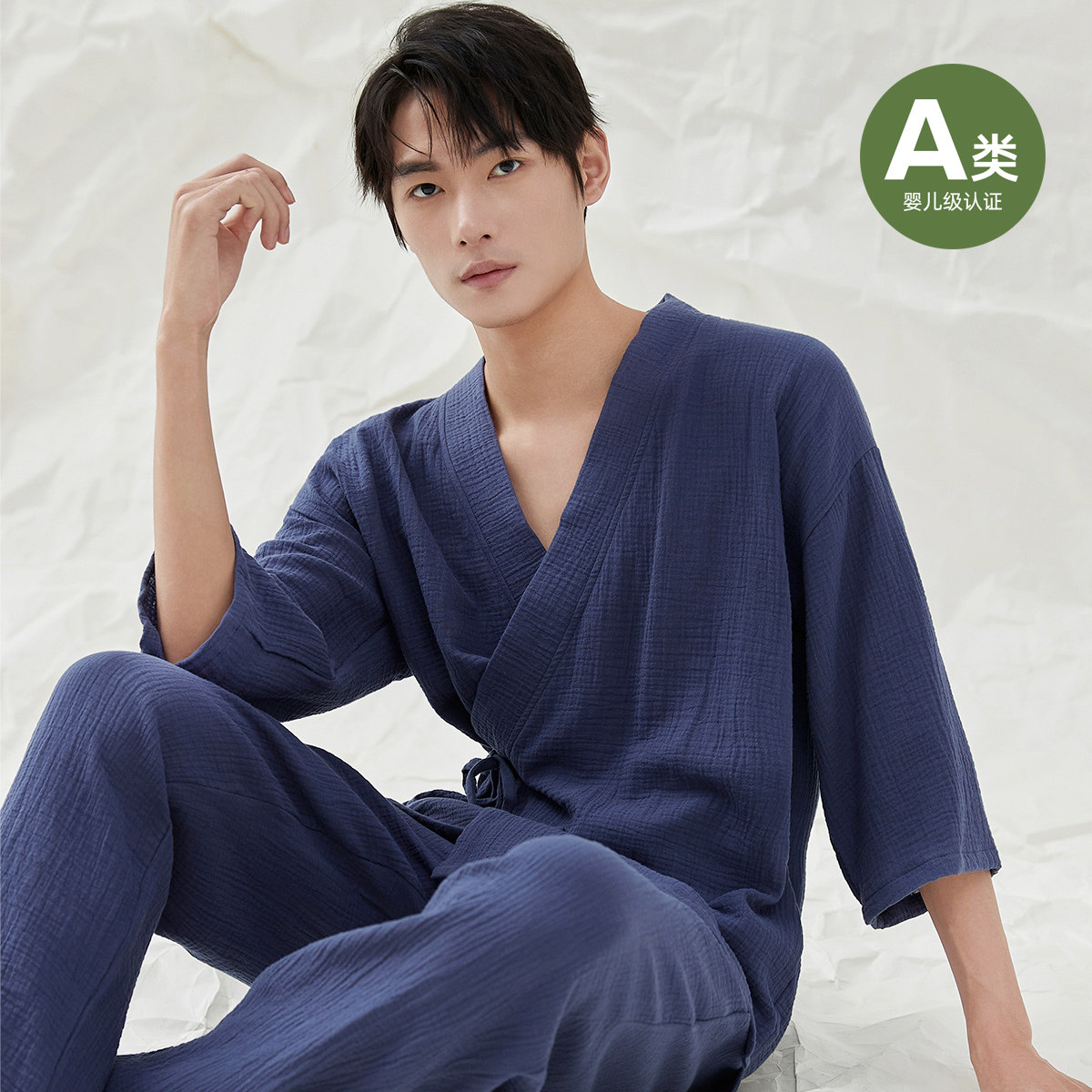 顶呱呱A类男士双层皱皱纱家居服顶呱呱女纯棉七分袖简约情侣睡袍