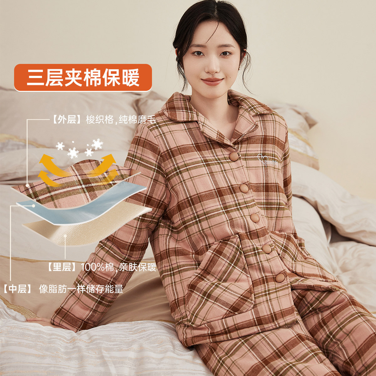 顶瓜瓜女士三层夹棉加厚冬季梭织保暖家居服套装顶呱呱长袖睡衣男