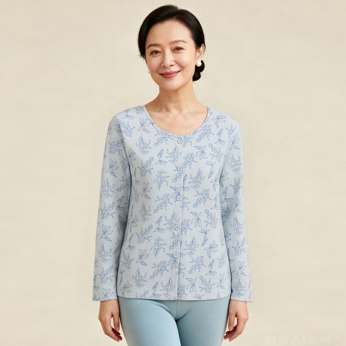 顶瓜瓜天然好棉睡衣保暖上装顶呱呱女长袖开襟圆领印花亲肤家居服