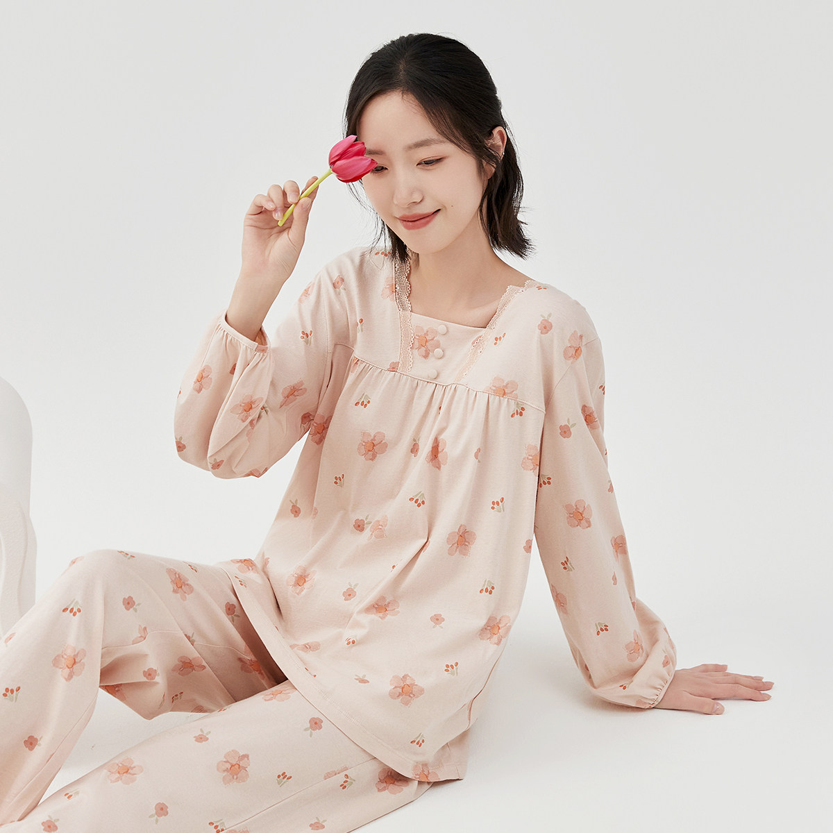 顶瓜瓜纯棉女士百搭家居服套装春秋款顶呱呱碎花长袖长裤开襟方领