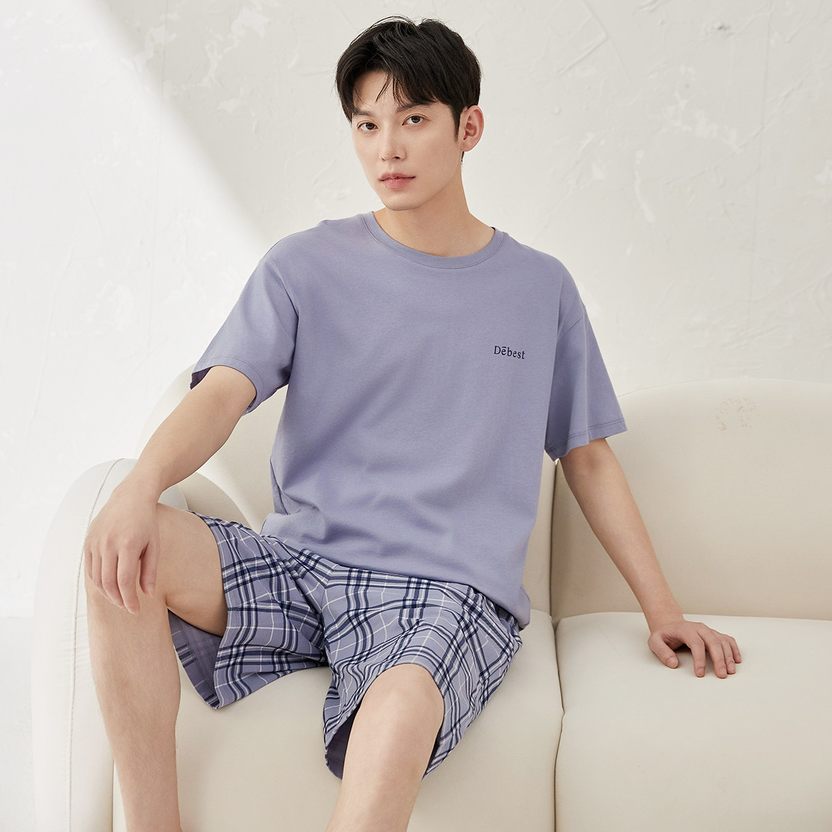 顶瓜瓜顶呱呱男士纯棉夏季家居服圆领短袖质感格纹短裤阳光棉睡衣