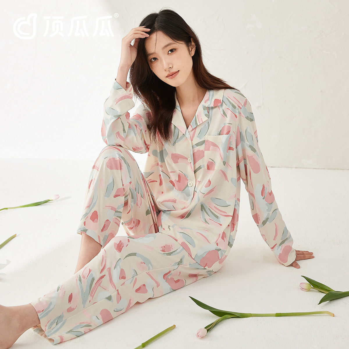 顶瓜瓜夏季新品阳光棉柔软舒适翻领睡衣套装顶呱呱宽松长袖长裤女