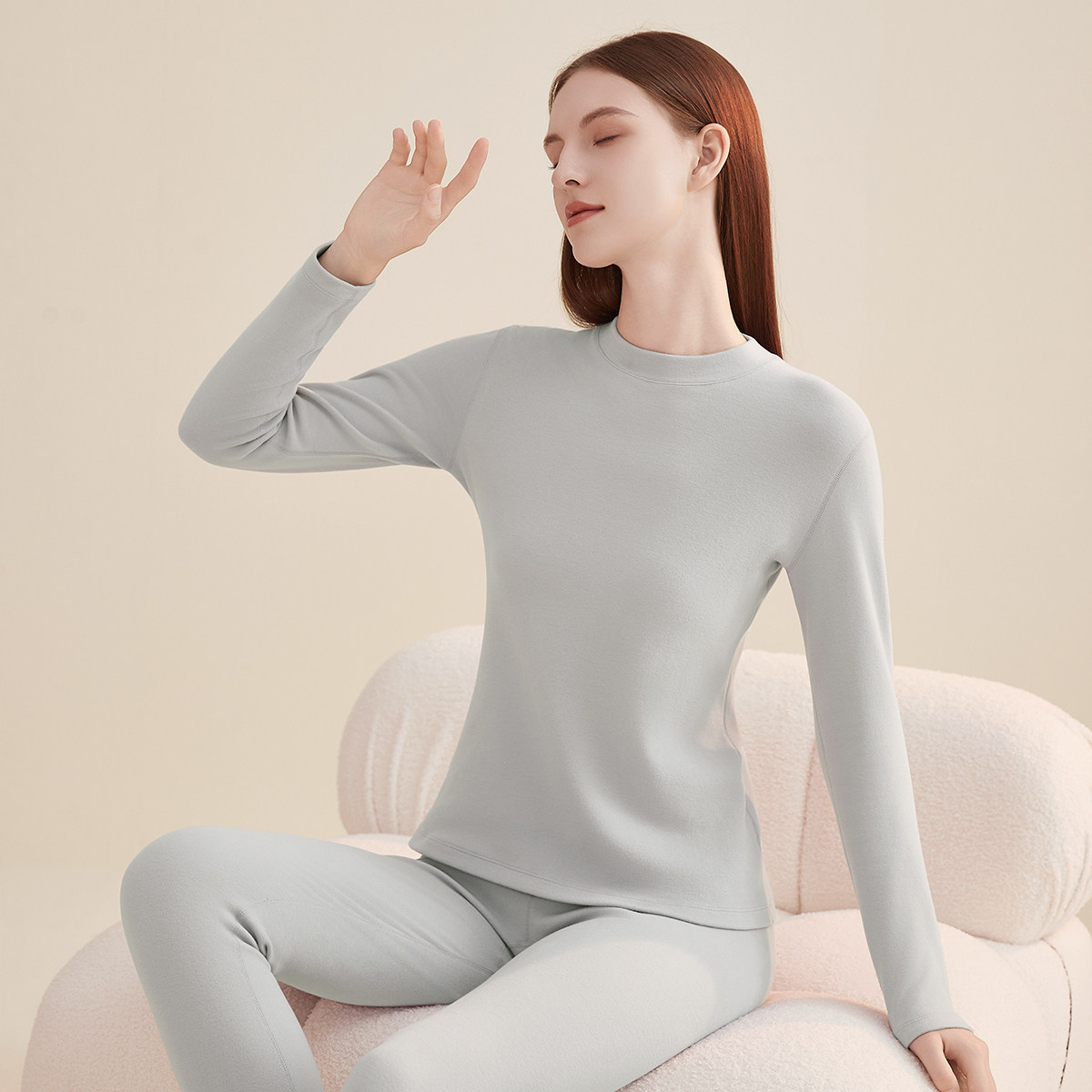 顶瓜瓜女士舒绒半高领修身保暖内衣中领弹力纯棉中厚秋衣秋裤套装