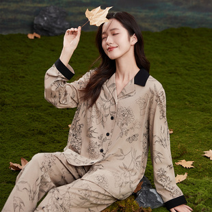 顶瓜瓜古典复古风睡衣纯棉长袖印花开襟女士可外穿翻领家居服套装